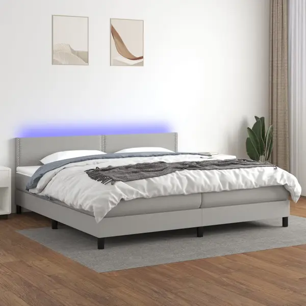 Gossi pat cu arcuri, saltea si led, gri deschis, 200x200 cm, textil