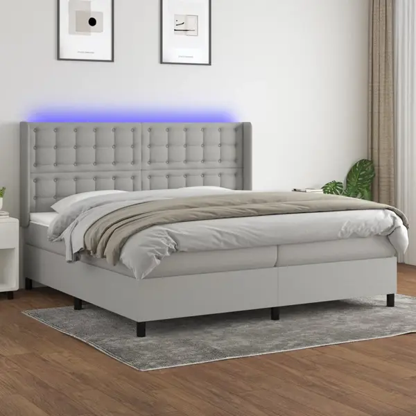 Gossi pat cu arcuri, saltea si led, gri deschis, 200x200 cm, textil