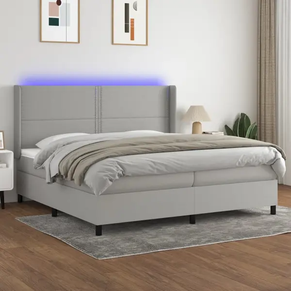 Gossi pat cu arcuri, saltea si led, gri deschis, 200x200 cm, textil