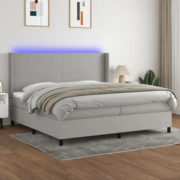 Gossi pat cu arcuri, saltea si led, gri deschis, 200x200 cm, textil