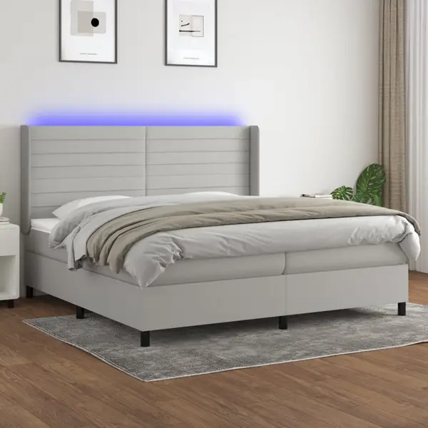 Gossi pat cu arcuri, saltea si led, gri deschis, 200x200 cm, textil