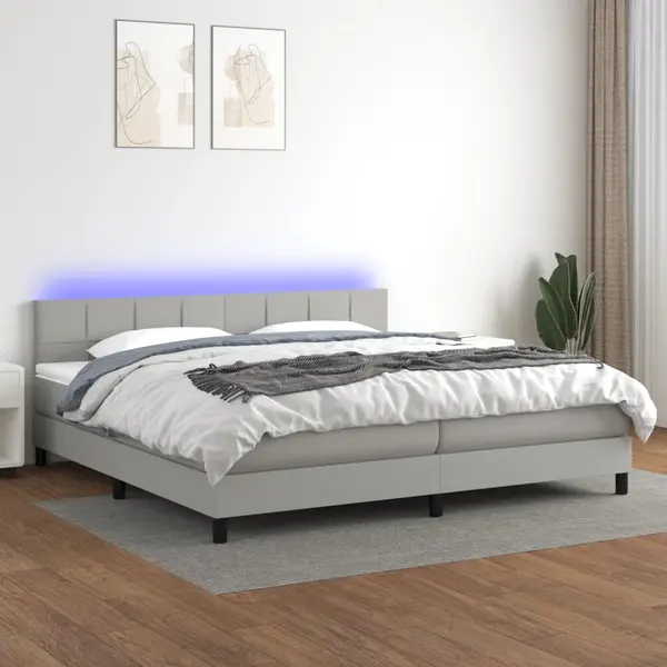 Gossi pat cu arcuri, saltea si led, gri deschis, 200x200 cm, textil