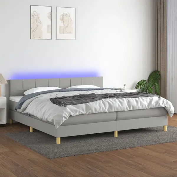 Gossi pat cu arcuri, saltea si led, gri deschis, 200x200 cm, textil