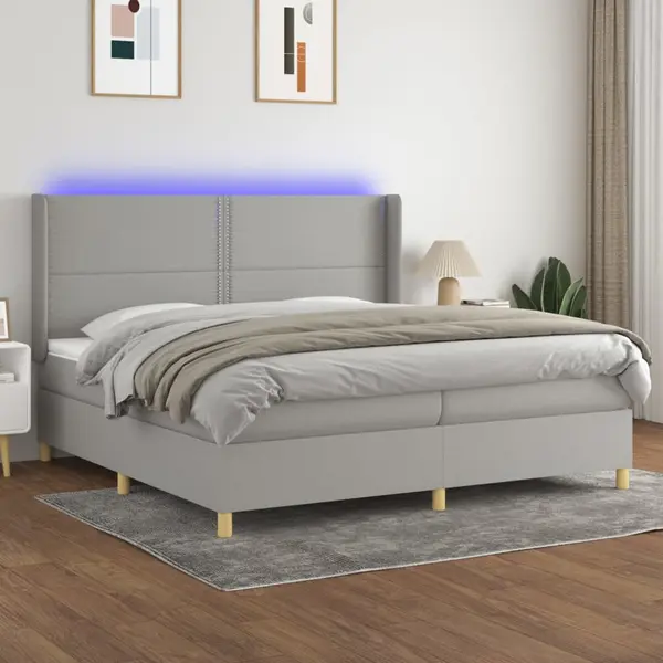 Gossi pat cu arcuri, saltea si led, gri deschis, 200x200 cm, textil