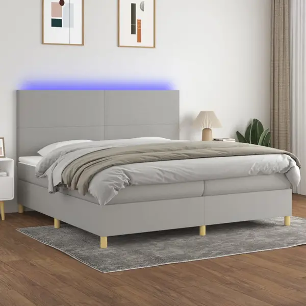 Gossi pat cu arcuri, saltea si led, gri deschis, 200x200 cm, textil