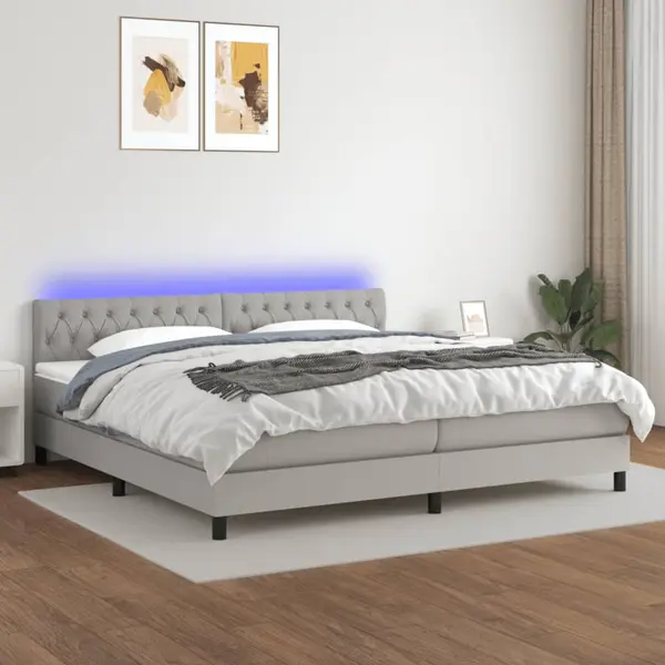 Gossi pat cu arcuri, saltea si led, gri deschis, 200x200 cm, textil