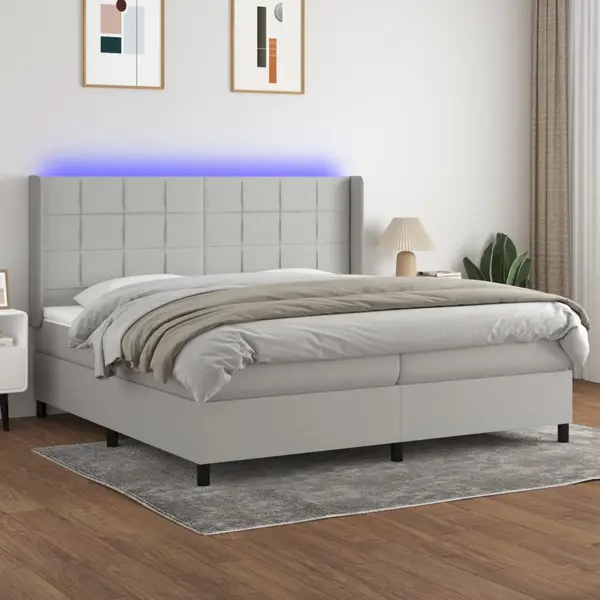 Gossi pat cu arcuri, saltea si led, gri deschis, 200x200 cm, textil