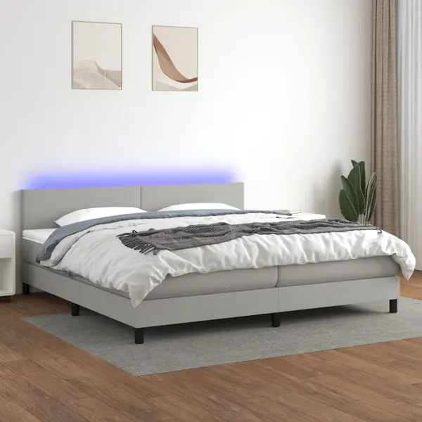 Gossi pat cu arcuri, saltea si led, gri deschis, 200x200 cm, textil