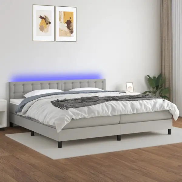 Gossi pat cu arcuri, saltea si led, gri deschis, 200x200 cm, textil