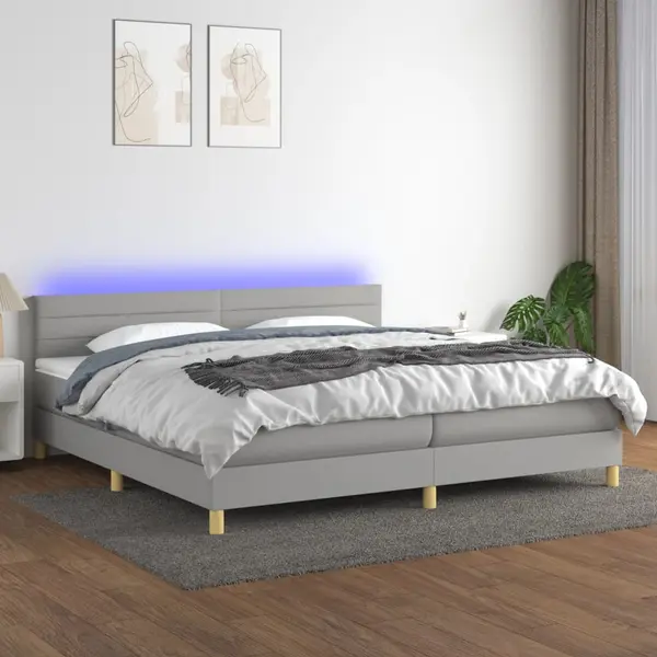 Gossi pat cu arcuri, saltea si led, gri deschis, 200x200 cm, textil