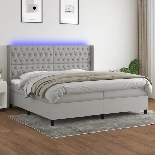 Gossi pat cu arcuri, saltea si led, gri deschis, 200x200 cm, textil
