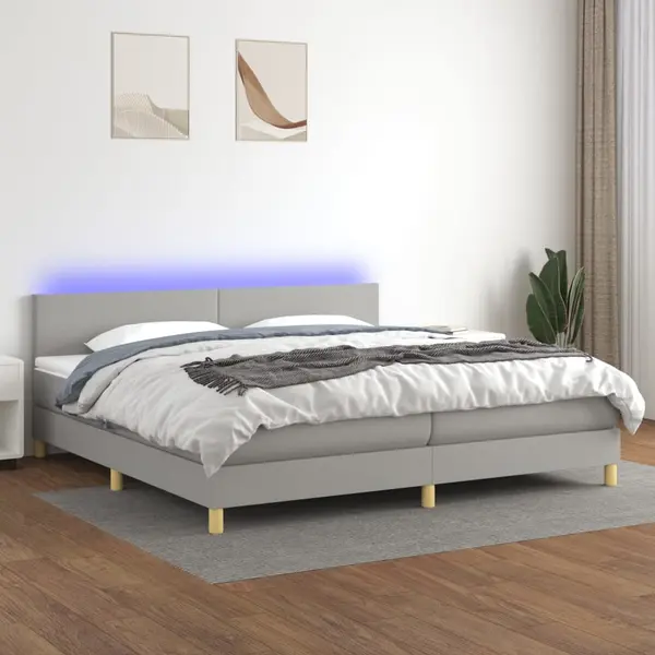 Gossi pat cu arcuri, saltea si led, gri deschis, 200x200 cm, textil