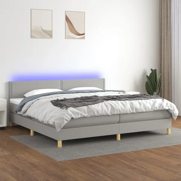 Gossi pat cu arcuri, saltea si led, gri deschis, 200x200 cm, textil