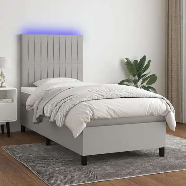 Gossi pat cu arcuri, saltea si led, gri deschis, 80x200 cm, textil