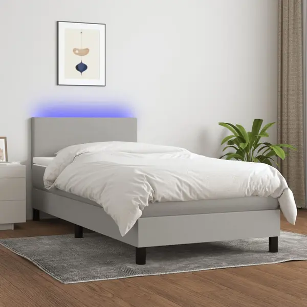 Gossi pat cu arcuri, saltea si led, gri deschis, 80x200 cm, textil