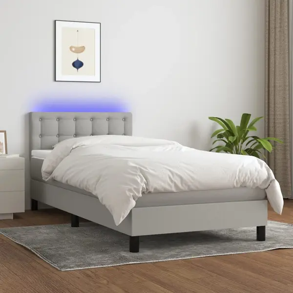 Gossi pat cu arcuri, saltea si led, gri deschis, 80x200 cm, textil