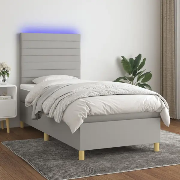 Gossi pat cu arcuri, saltea si led, gri deschis, 80x200 cm, textil