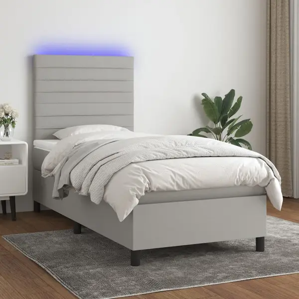 Gossi pat cu arcuri, saltea si led, gri deschis, 80x200 cm, textil