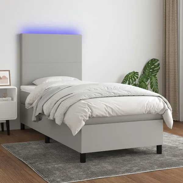 Gossi pat cu arcuri, saltea si led, gri deschis, 80x200 cm, textil