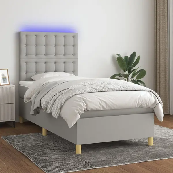 Gossi pat cu arcuri, saltea si led, gri deschis, 80x200 cm, textil