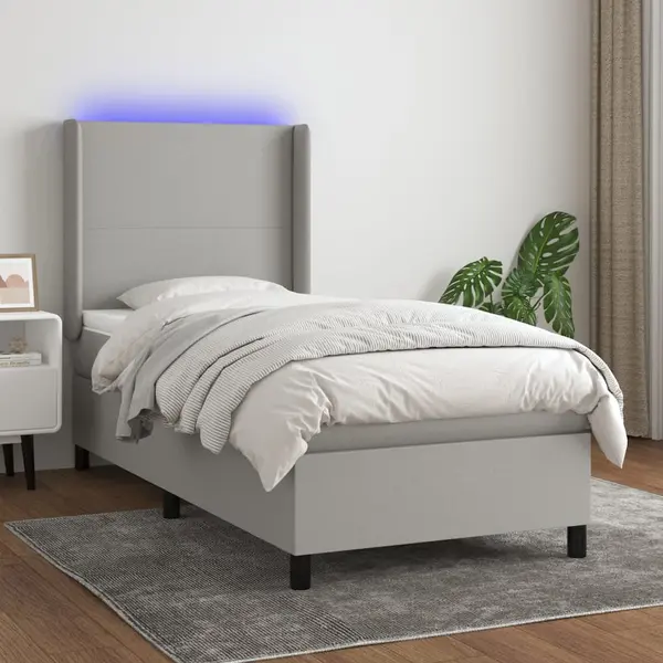 Gossi pat cu arcuri, saltea si led, gri deschis, 80x200 cm, textil