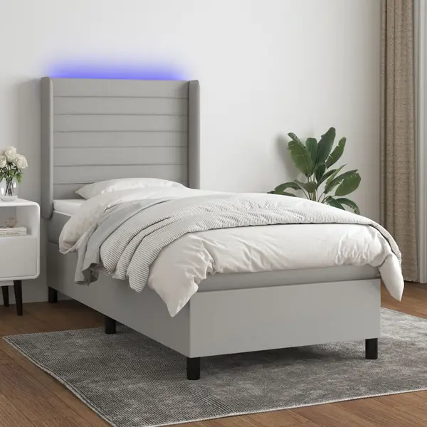 Gossi pat cu arcuri, saltea si led, gri deschis, 80x200 cm, textil