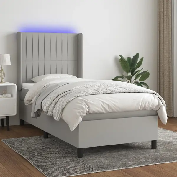 Gossi pat cu arcuri, saltea si led, gri deschis, 80x200 cm, textil