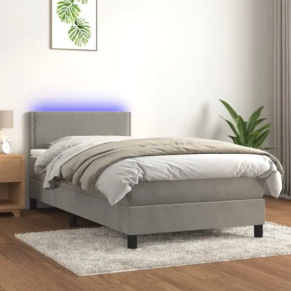 Gossi pat cu arcuri, saltea si led, gri deschis, 90x190 cm, catifea