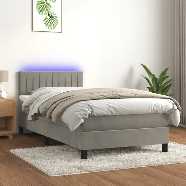 Gossi pat cu arcuri, saltea si led, gri deschis, 90x190 cm, catifea