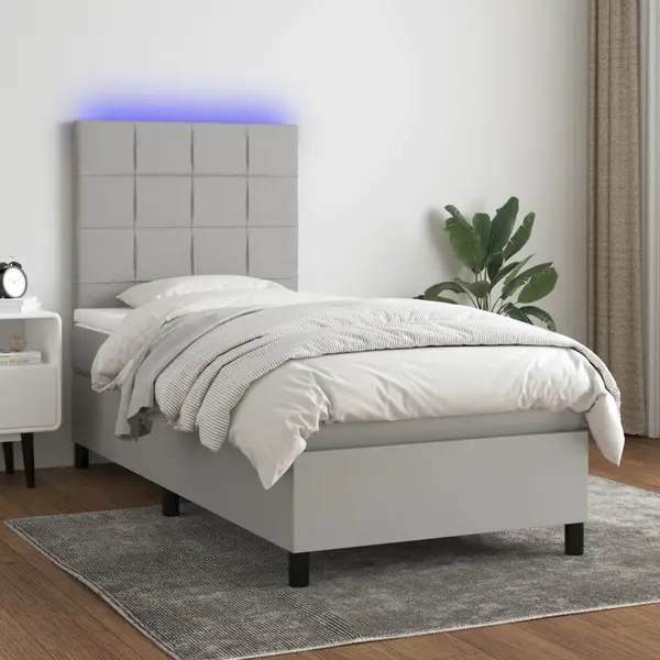 Gossi pat cu arcuri, saltea si led, gri deschis, 90x190 cm, textil
