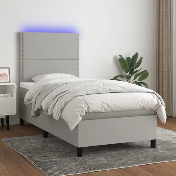 Gossi pat cu arcuri, saltea si led, gri deschis, 90x190 cm, textil