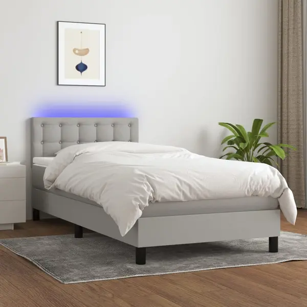 Gossi pat cu arcuri, saltea si led, gri deschis, 90x190 cm, textil