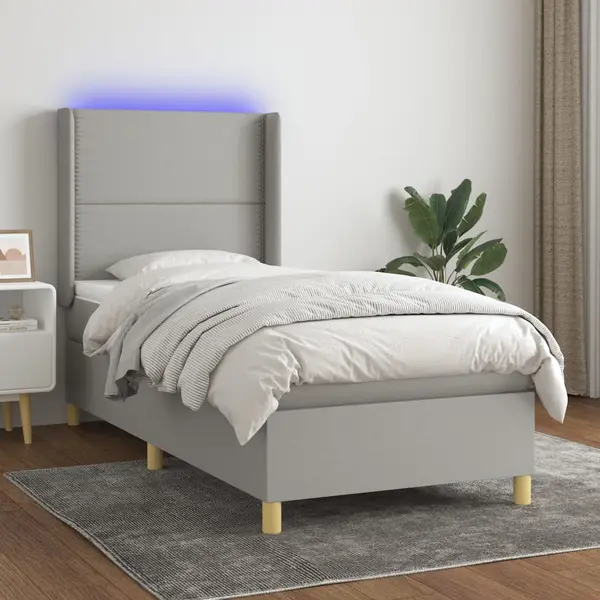 Gossi pat cu arcuri, saltea si led, gri deschis, 90x190 cm, textil
