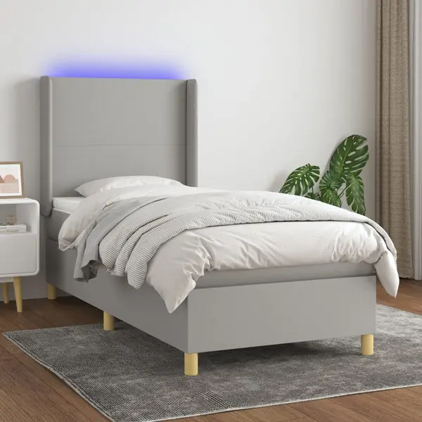 Gossi pat cu arcuri, saltea si led, gri deschis, 90x190 cm, textil