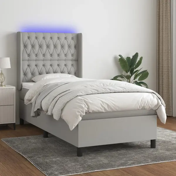 Gossi pat cu arcuri, saltea si led, gri deschis, 90x190 cm, textil