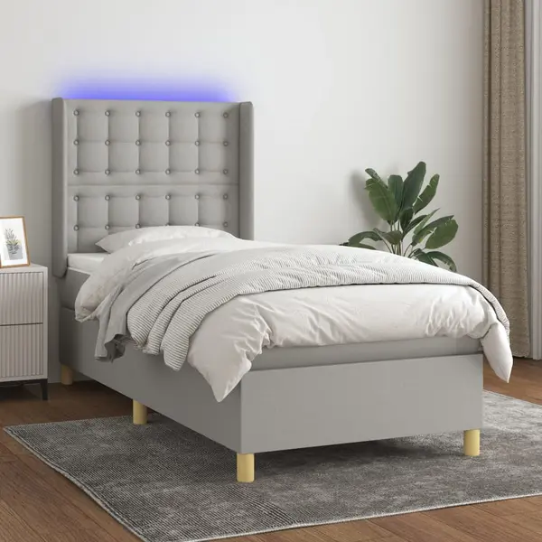 Gossi pat cu arcuri, saltea si led, gri deschis, 90x190 cm, textil