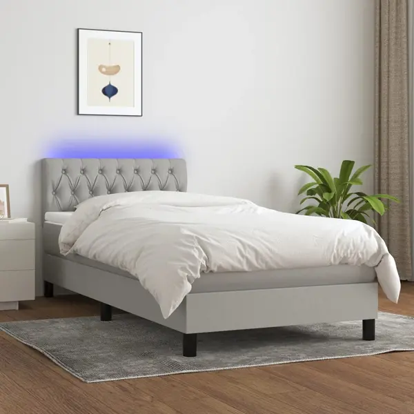 Gossi pat cu arcuri, saltea si led, gri deschis, 90x190 cm, textil