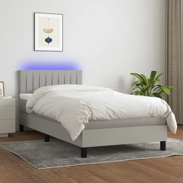 Gossi pat cu arcuri, saltea si led, gri deschis, 90x190 cm, textil