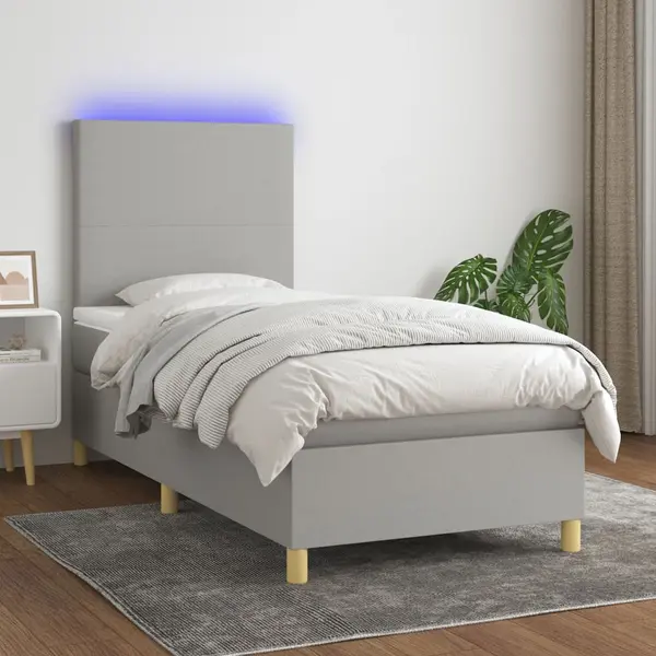 Gossi pat cu arcuri, saltea si led, gri deschis, 90x190 cm, textil