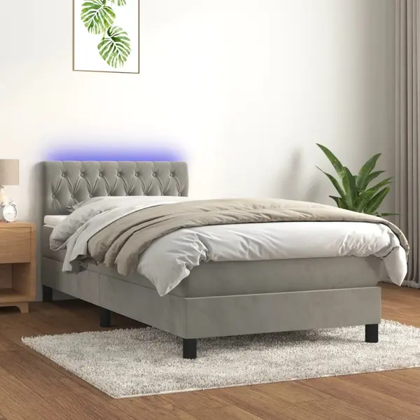 Gossi pat cu arcuri, saltea si led, gri deschis, 90x200 cm, catifea