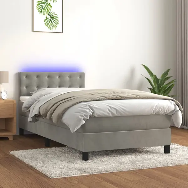 Gossi pat cu arcuri, saltea si led, gri deschis, 90x200 cm, catifea