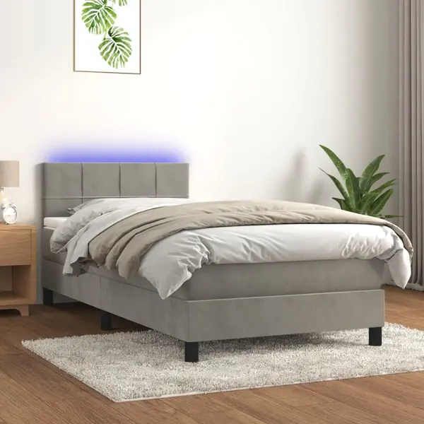 Gossi pat cu arcuri, saltea si led, gri deschis, 90x200 cm, catifea