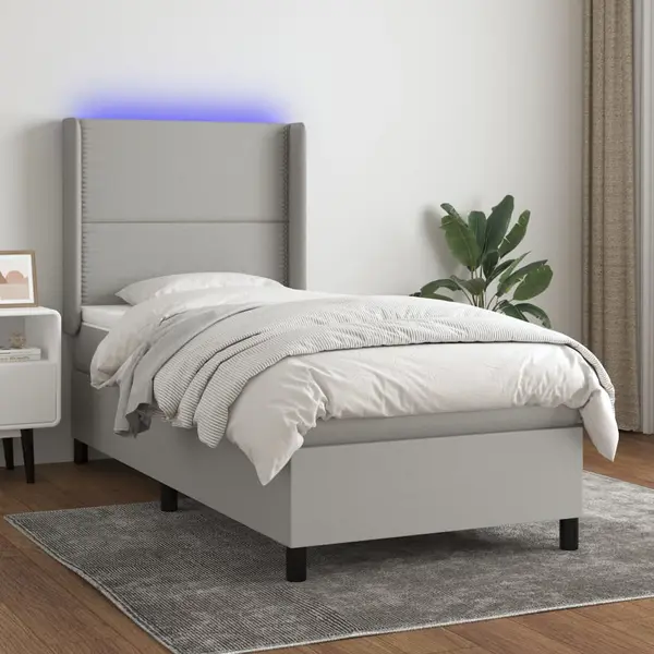 Gossi pat cu arcuri, saltea si led, gri deschis, 90x200 cm, textil