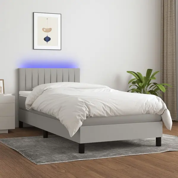Gossi pat cu arcuri, saltea si led, gri deschis, 90x200 cm, textil