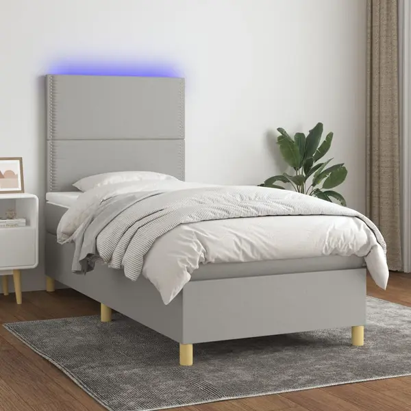 Gossi pat cu arcuri, saltea si led, gri deschis, 90x200 cm, textil