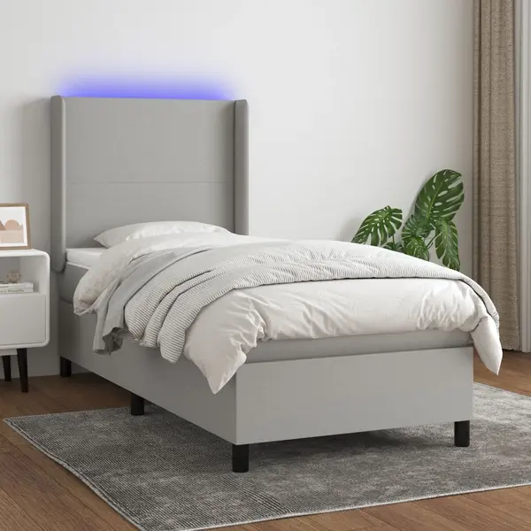 Gossi pat cu arcuri, saltea si led, gri deschis, 90x200 cm, textil