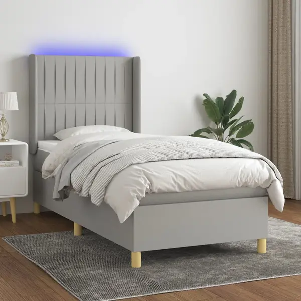 Gossi pat cu arcuri, saltea si led, gri deschis, 90x200 cm, textil