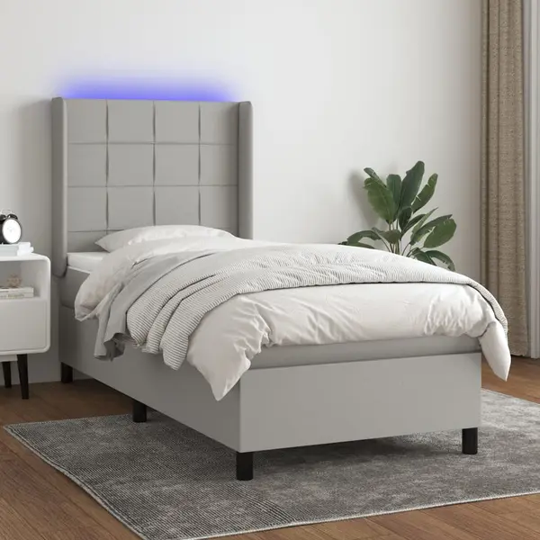 Gossi pat cu arcuri, saltea si led, gri deschis, 90x200 cm, textil