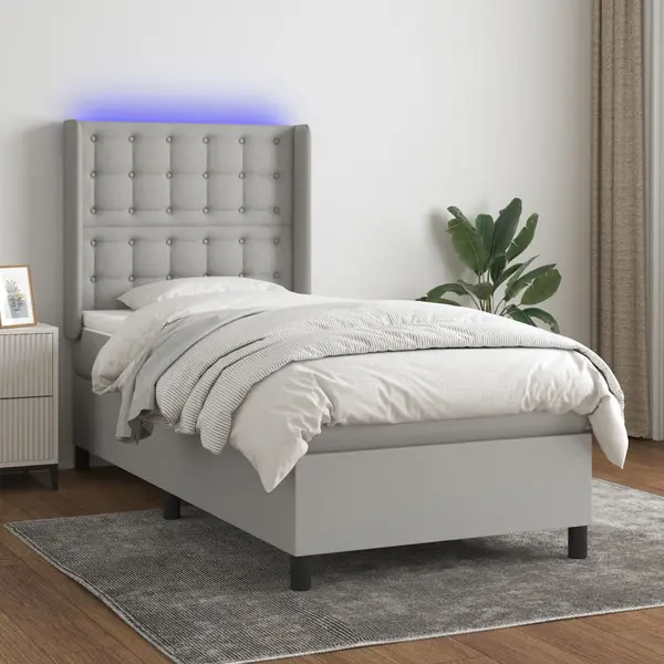 Gossi pat cu arcuri, saltea si led, gri deschis, 90x200 cm, textil
