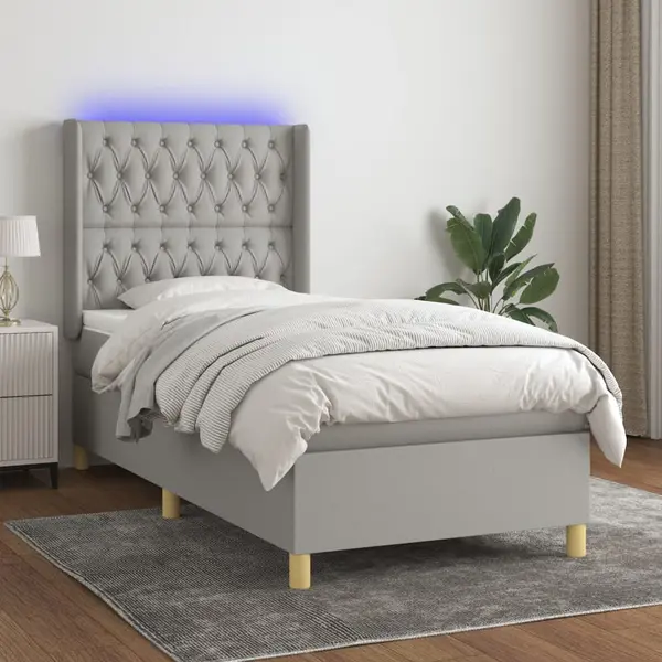 Gossi pat cu arcuri, saltea si led, gri deschis, 90x200 cm, textil